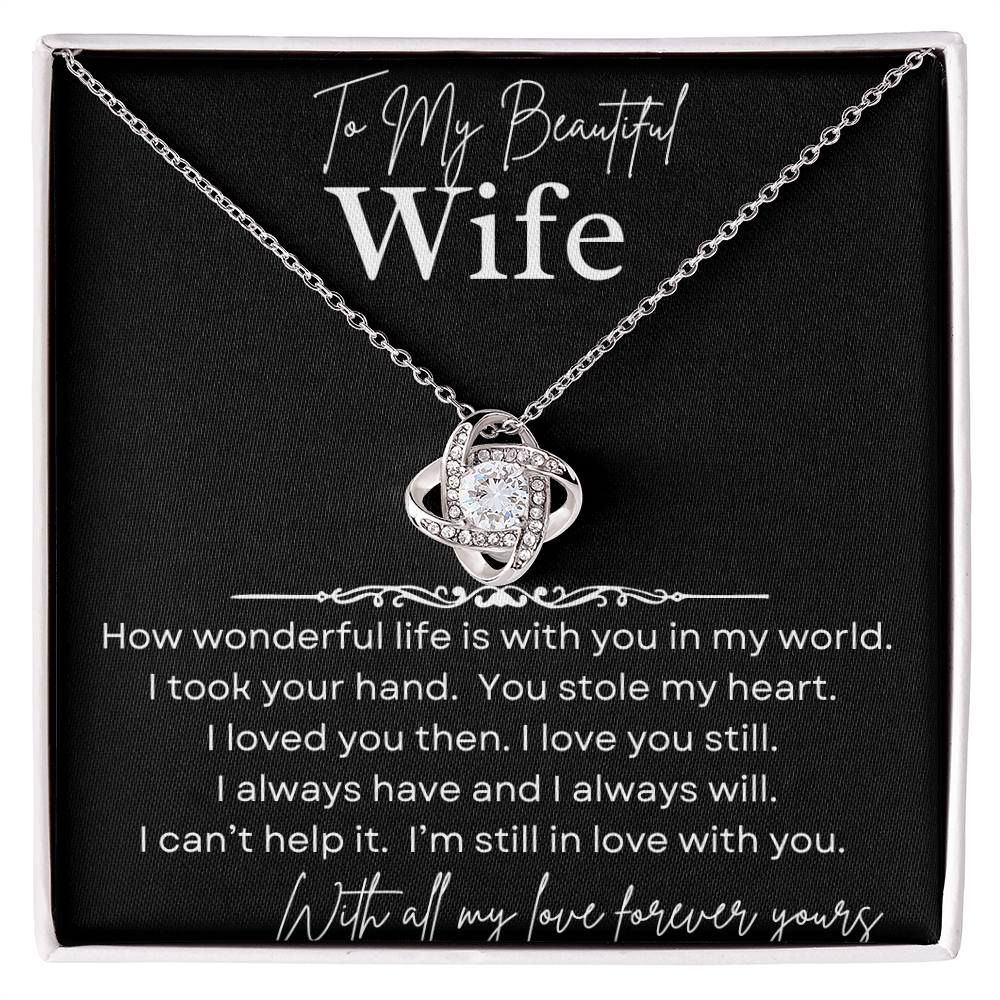 Necklace with a heart-shaped pendant on a card for a wife, featuring a sentimental message.
