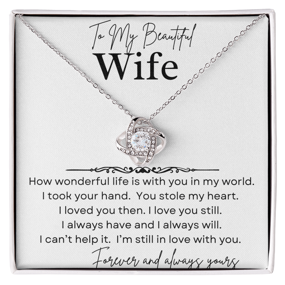 Heart-shaped necklace in a gift box with a sentimental message for a wife.