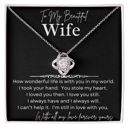 Necklace with a heart-shaped pendant on a card for a wife, featuring a sentimental message.
