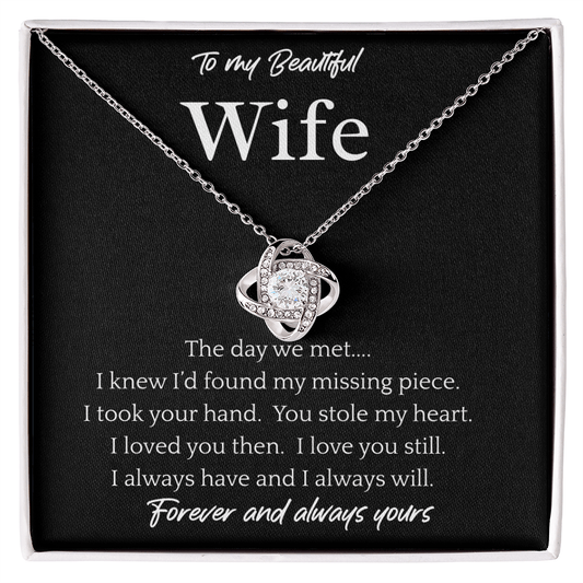 Necklace with a heart-shaped pendant on a card for a wife, featuring a sentimental message.