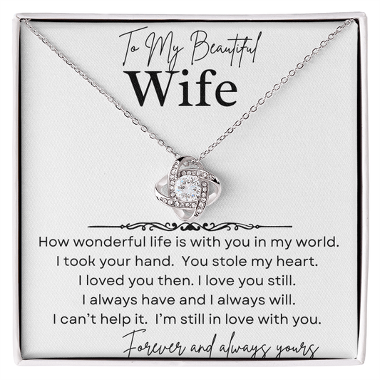 Heart-shaped necklace in a gift box with a sentimental message for a wife.